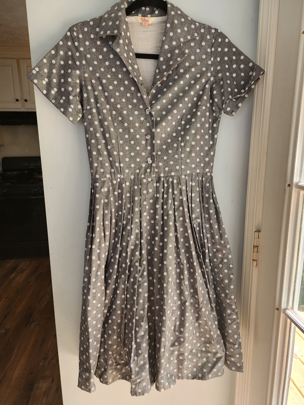 Myrtlewood Modcloth Polka Dot Fit-and-Flare Cotton Dress - Gray/White